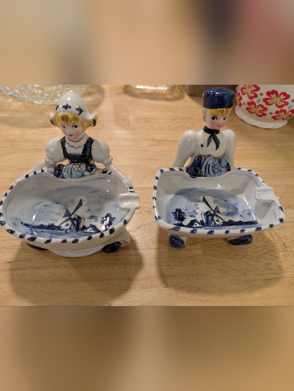 Blue and White Delft-Style Dutch Figurine Ashtrays, Set of 2